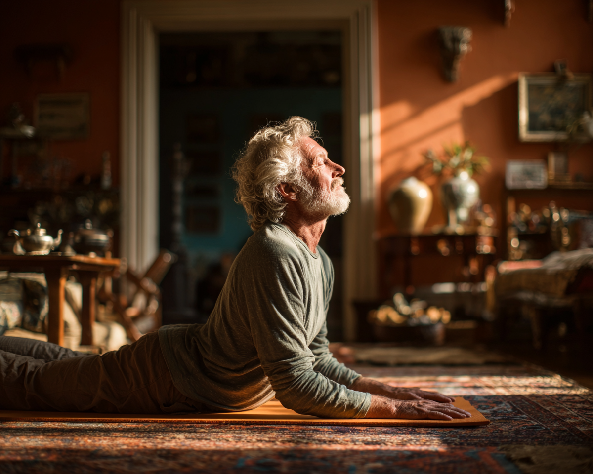 Erfahrene Yoga-Praktizierende bei einer sanften Dehnung in heller, freundlicher Atmosphäre